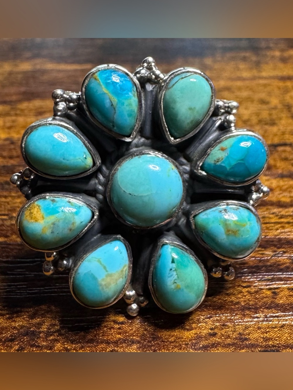 Sterling Turquoise Flower Cluster Ring - Blue Turquoise Design (adj size 7-9)